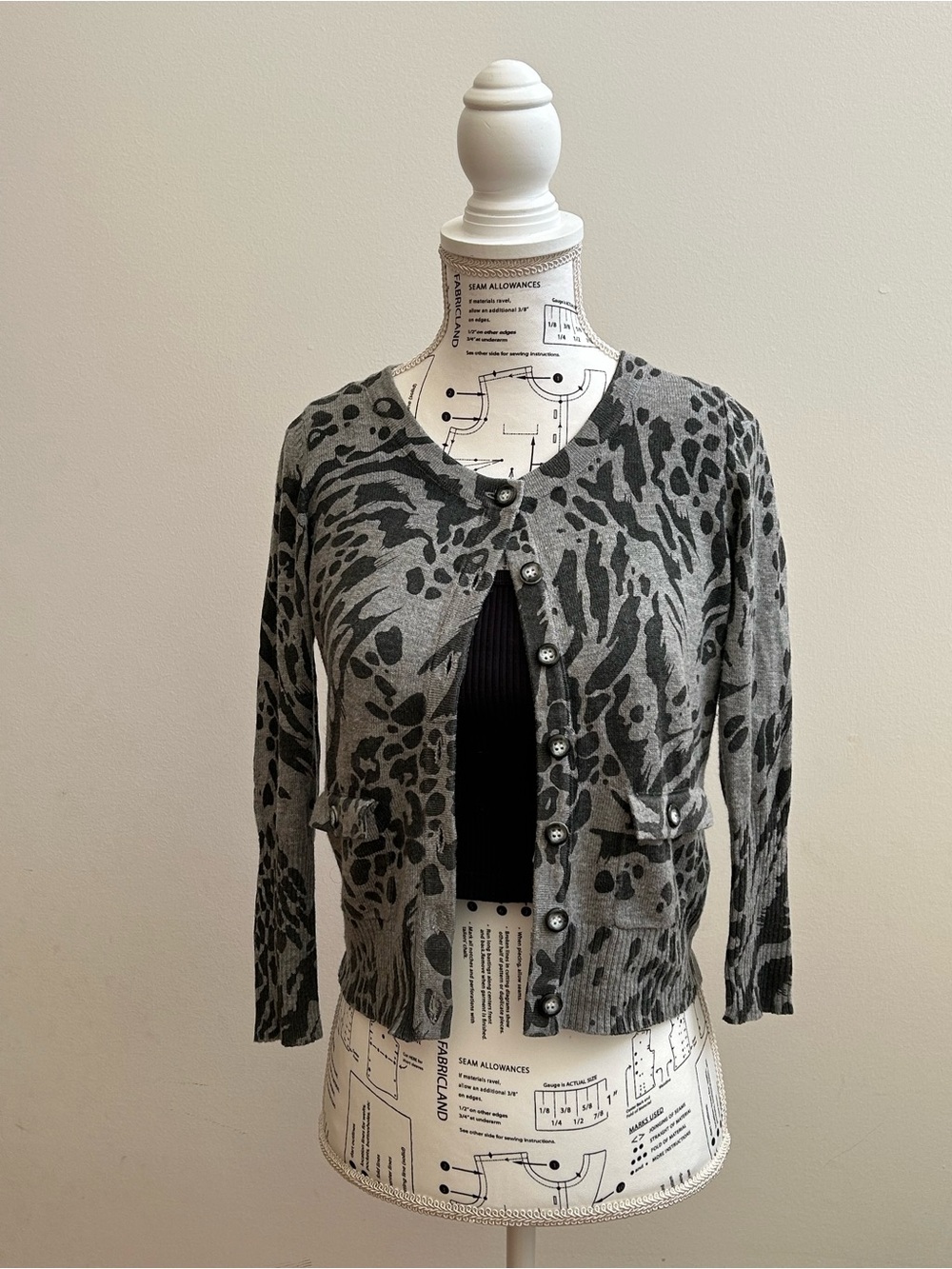 Costa Blanca Women’s Grey and Black Animal Print Cardigan Sweater Size XS